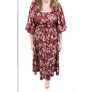 Polagram Floral Burgundy Midi Dress Puff Sleeves Women’s Size S